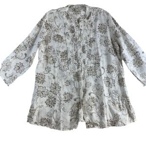 L.L.‎ Bean Button Up Tunic Shirt Women Sz L Floral 100% Linen 3/4 Sleeve Coastal